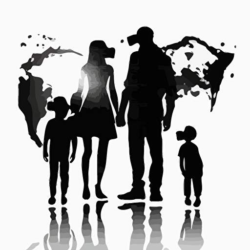 silhouette of a family over looking a new world with VR headsets on, white background, vectorized