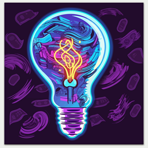 vector art style a light bulb with money swirling inside, giving off neon light, use blues and purples, in the style of Michael Parks, sticker