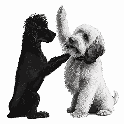 a monochromatic stylized vector of a white cockapoo giving a high-five to a black standard poodle, white background.