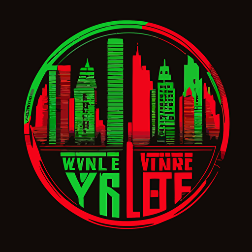 new york city view in a tribe called quest cover style, red and green on black background, vector illustrated simple logo, flat design
