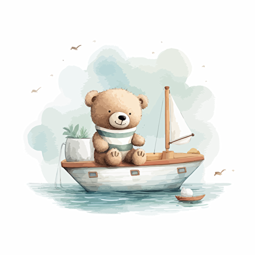 cute little teddy sitting next to a boat, vector, pastel colour, white background
