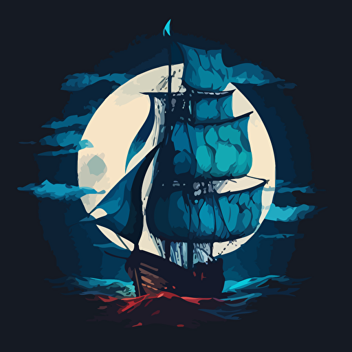 small sailboat with single mast and 2 sails at night on very rough seas with a huge moon. shades of blue and vector style