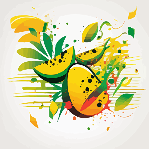 vector pop art, mangoes, coconuts, musical notes, yellow and green colors, white background, flying