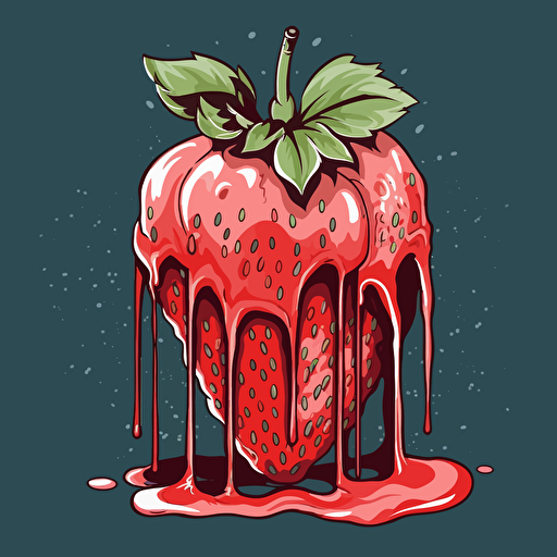 simple painting of a delicious strawberry melt away, simple form background, leave a lot of negative space, liquid, vector, desaturated colour drips, graffiti, artificial, highres
