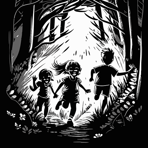 black and white vector illustration of two little boys and one little girl emerging happily from the woods.