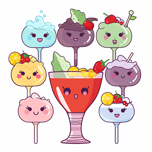 Kawaii cocktail garnish, flat, 2D, vector, 16 colors, white background, in anime chibi style
