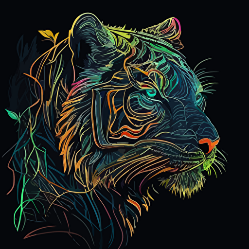 Tiger, sticker, triumohant, neon, anime, contour, vector, black background, detailed