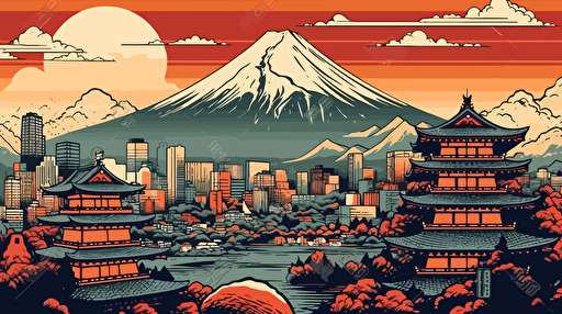 tokyo city scape with mount fuji in the background, 2d vector art ukiyo-e,