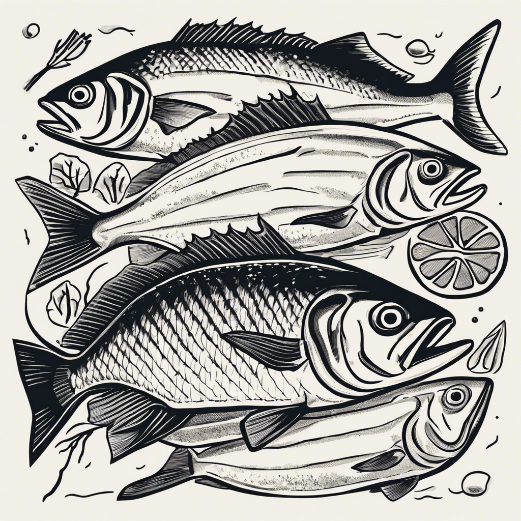 Freshly caught fish on ice at a market., illustration in the style of Matt Blease, illustration, flat, simple, vector