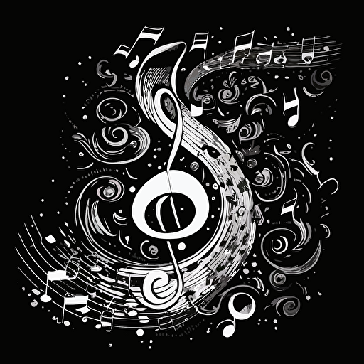 BLACK AND WHITE HAND DRAWN MUSIC NOTES WITH YING YANGS VECTOR DOODLE