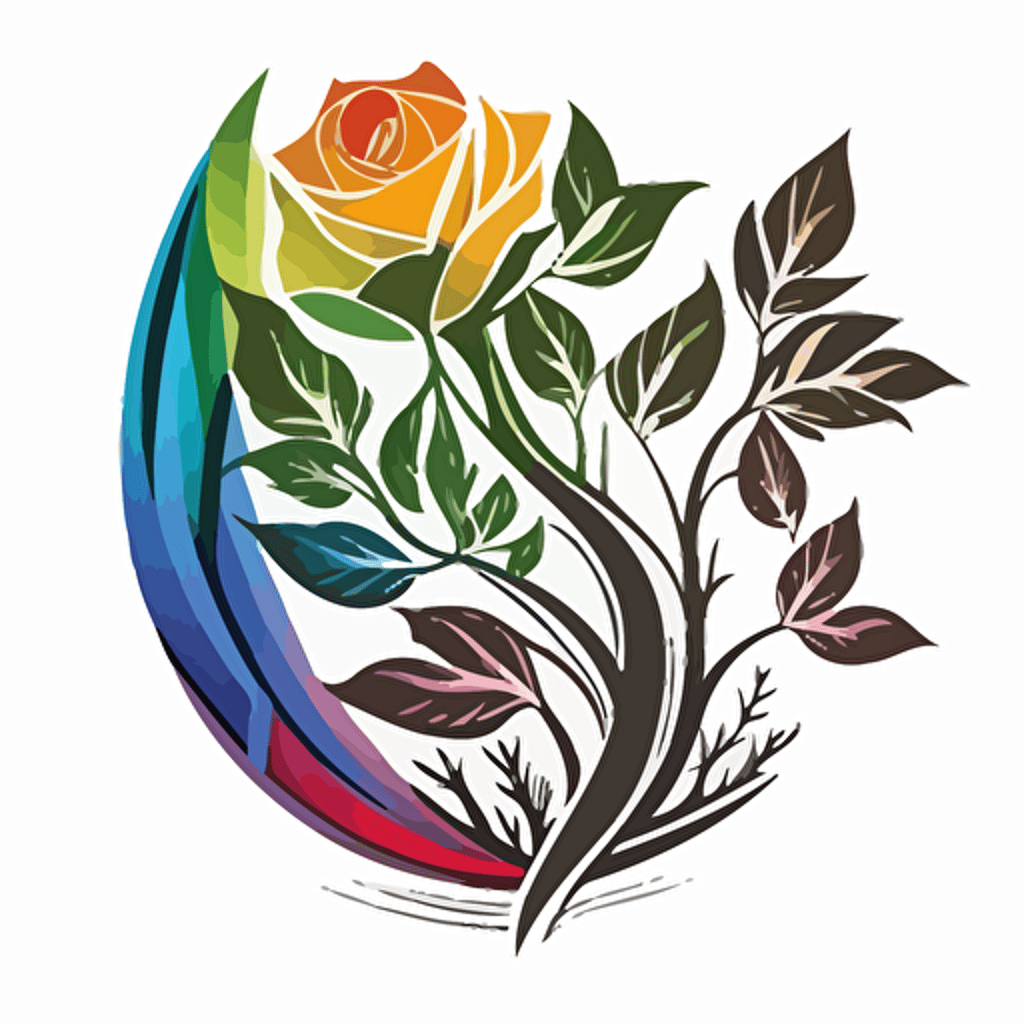 a vector art logo incorporating a willow tree and a rainbow colored rose, simple, white background