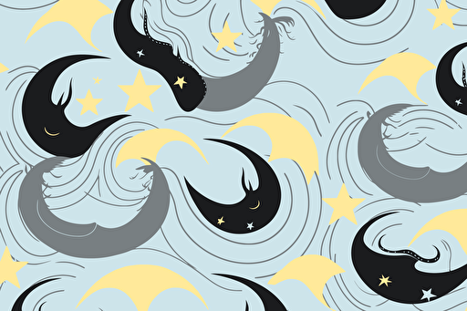 a minimal vector pattern containing unicorn horns, stars and waves. light blue, yellow, black.