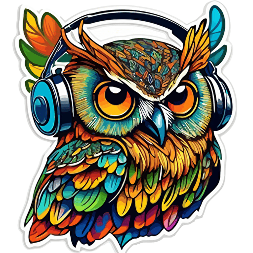 sticker, Happy colorful Owl wearing headphones, kwaii, contour, vector, white background
