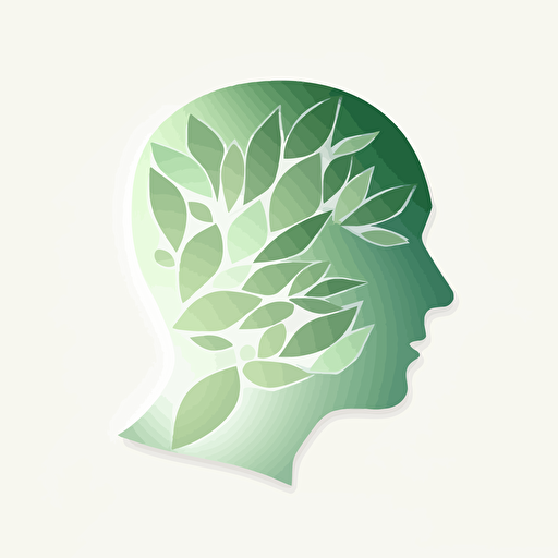 Abstract minimalist flat design symmetrical vector logo for a climate-change startup pastel green gradient where only branches and leaves combine to form the shape of a side profile of a human face with a white background