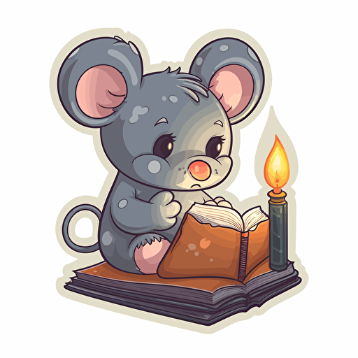 cute, cartoon mouse reading a book by candle light, sticker, wall decal. vector