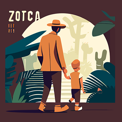little boy visiting zoo with his father, zoomed out, modern clothes, children's book cover, 2d, cartoon style, vector, disney style