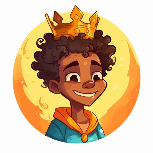 vector illustration of a cute, handsome black boy princes, with Afro hairstyle wearing a golden crown Disney style, in vivid colors.