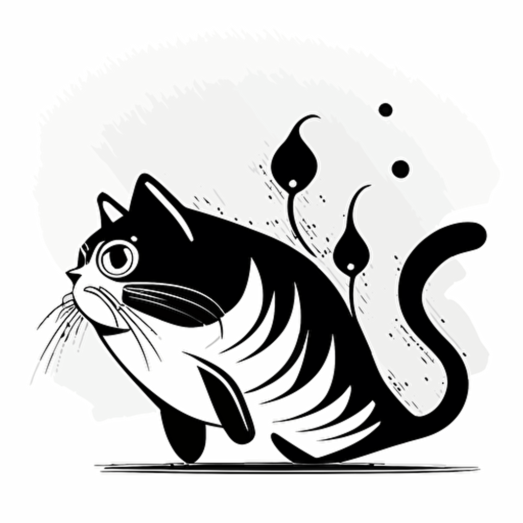 expressive cat fish, in style of Tom Whalen, flat, black and white, flat, vector, line drawling, white background ar 1:1