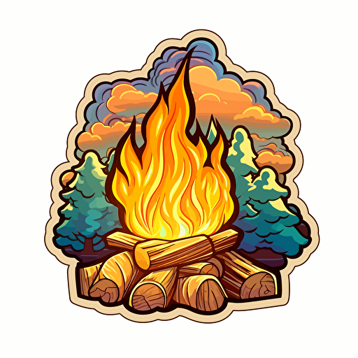 campfire, Sticker, Blissful, Earthy, Folk Art, Contour, Vector, White Background, Detailed