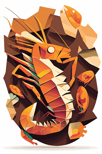 create a sticker about shrimp in the artistic style of cubism, vector illustration, with bright brown colors, creative illustration, on white background