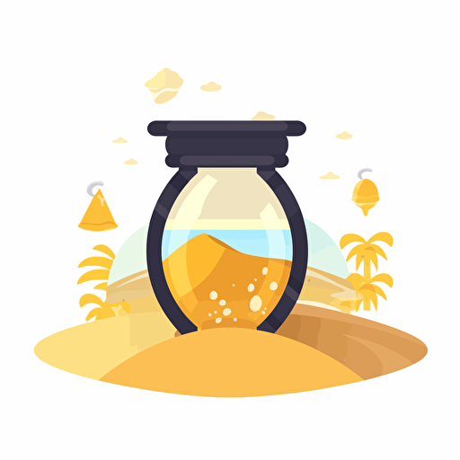 a beach scene inside a sand timer, sand changes to gold coins inside at the bottom, vector logo