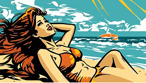attractive girl laying on the beach, cartoon, vector