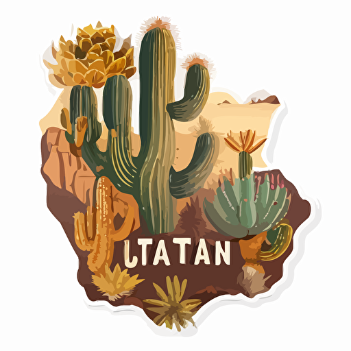 sticker in the shape of utah with cacti, sticker, vector, white background