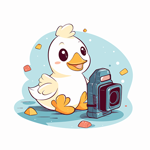 cute happy duck sitting next to a camera, sitting on scattered poleroids, flat texture cartoon style, 2D, premium vector art, white background, adobe illustration tracing, svg, die-cut sticker