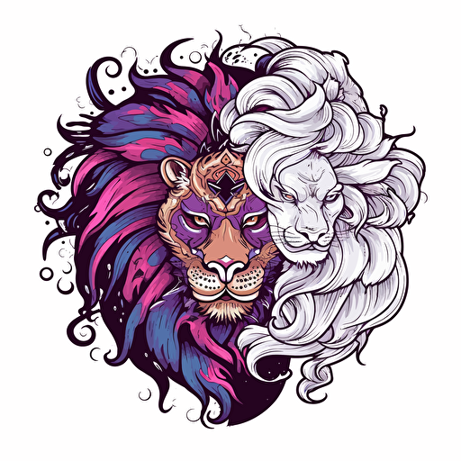 a boho logo of a Chinese dragon next to a traditional lion dancer head, lunar new year imagery, white, black, and purple, white background, vector, 2d