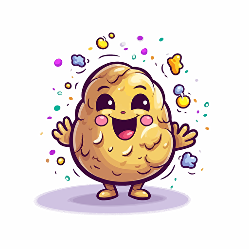 a twitch potatoes emote who celebrate, happy, sticker, adorable cartoon, contour, vector, white background, confeti behind