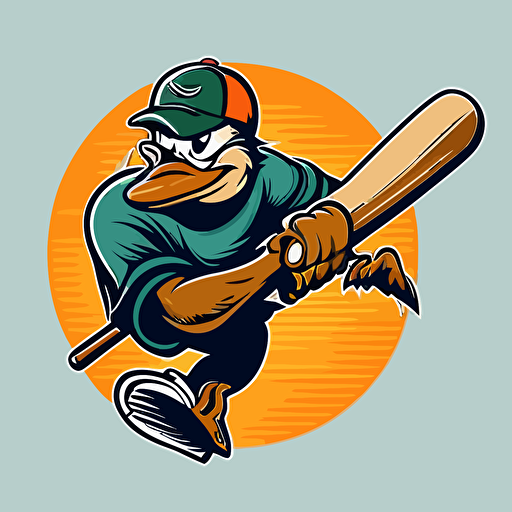 classic sports logo for baseball team featuring a fierce duckbill platypus about to swing a baseball bat, vector style, circular, stylish, simple