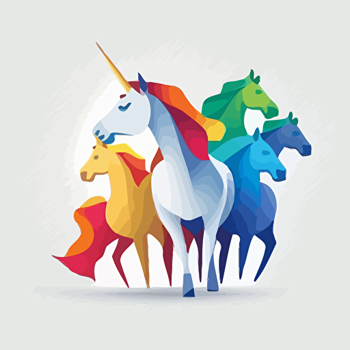 unicorn in a group of horses, vector logo, vector art, emblem, simple cartoon, 2d, no text, white background
