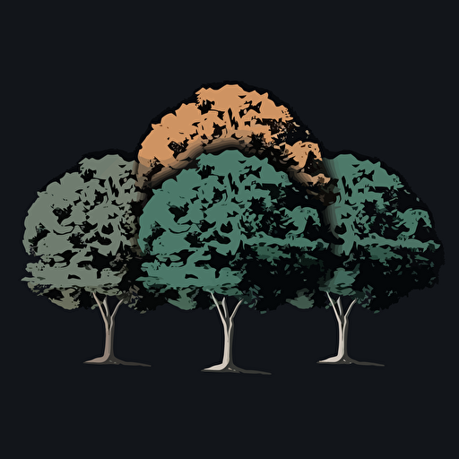 five color logo of four different oaks trees, side by side, it has to be asymmetric, simple, elegant, green color palette, on a dark gray #444654 background, design is vector style,