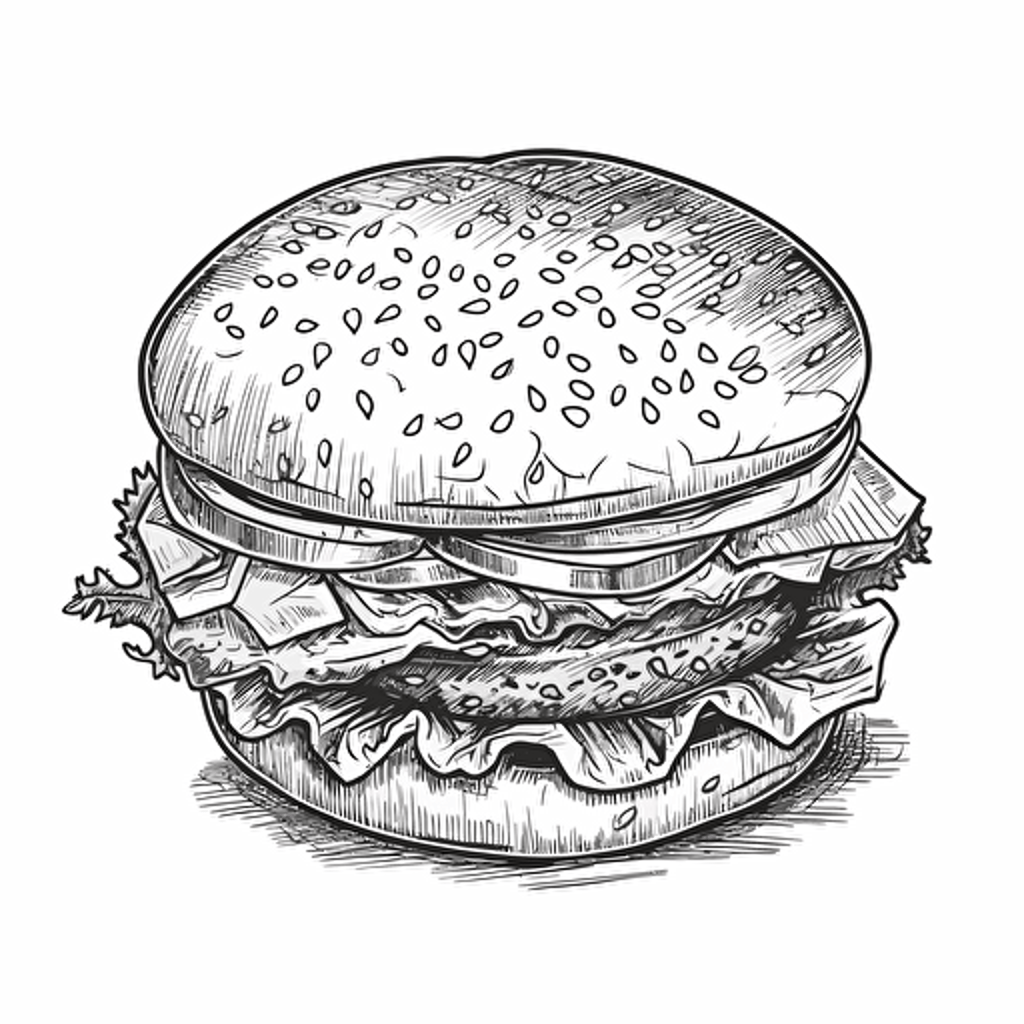 black and white outline vector illustration for a sticker of a classic American burger.