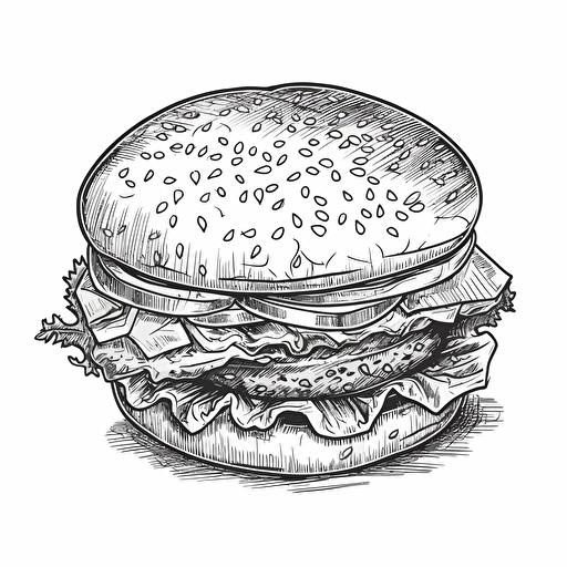 black and white outline vector illustration for a sticker of a classic American burger.