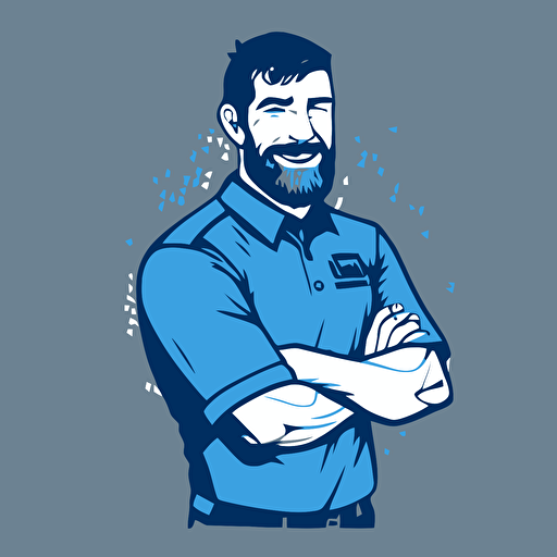 silhoette of professional young gaffer, facing camera, arms crossed, smiling, sleeves rolled up, blue color, gray background, simple design, vector style, white outline over silhouette