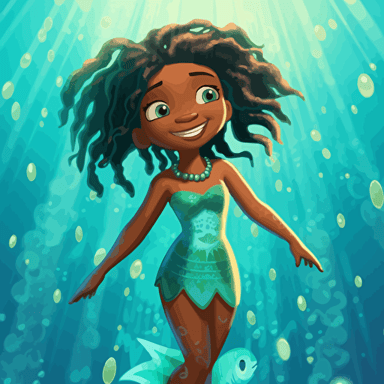 a little black girl mermaid age 7, she has a swim suit top and a fish tail on the bottom half of her body, she has her hair braided with beads, she is facing the viewer, her fish tail body is blueish green, the background is a very light blue, there are rays of light shining from above, there are cartoon style fish smiling and looking at her, illustration disney style, adobe illustrator, vector