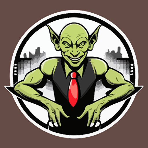 funny Goblin working as a bouncer in front of a night club in the bad part of city, vector logo, vector art, emblem, simple cartoon, 2d, no text, white background