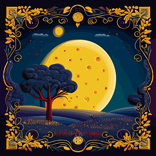 square artwork of a dreamy midnight full moon in a sky decorated with motifs of mooncakes shinning over Tuscany olive tree field. corners of the design decorated with traditional italian fleur-de-lis style ornate borders. All artwork designed with vivid, warm yellow, orange and deep red colors usign basic vector art without shading
