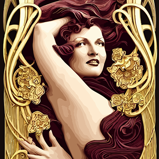 source future growth dramatic elaborate emotive 3d art nouveau styles emphasise beauty transcendental seamless pattern symmetrical large motifs hyper realistic 8k image 3d supersharp art nouveau 3d curves swirls glass gold pipes rita hayworth long wavy hair vibrant jasmine cherry blossom flowers satin ribbons pearls gold chains iridescent black rainbow colors perfect symmetry iridescent high definition octane render maya houdini light shadows reflections photorealistic masterpiece smooth gradients blur sharp focus photorealistic insanely detailed intricate cinematic lighting octane render epic scene 8 k