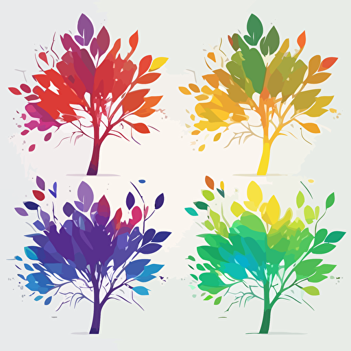 Vector tree, 5 branches, each leave has a different color, leave colors green blue red purple yellow, flat, 2d, white background, minimalistic design,