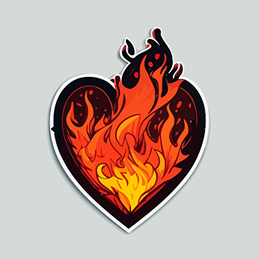 drawed red heart surrounded by flame pixar style, 2d flat design, vector, cut sticker