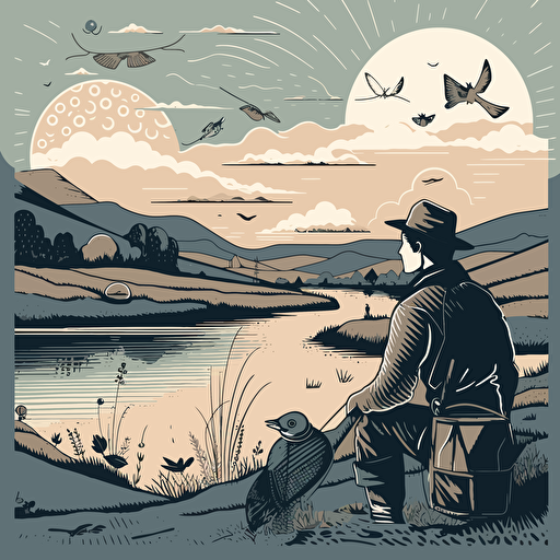 a vector linoprint simple detail illustration of a fly fisher in a lake surrouned by dramatic british countryside, black outlikes with 3 block colours