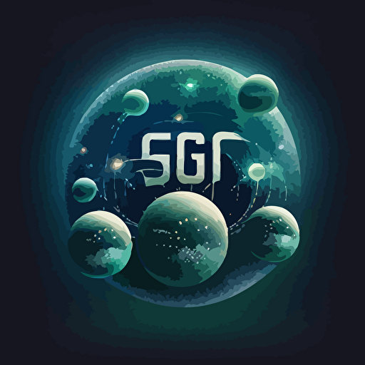 the text 5G NTN JOURNEY in vector format with connected energy balls and small swirls between them on an outer space blueish green field of stars