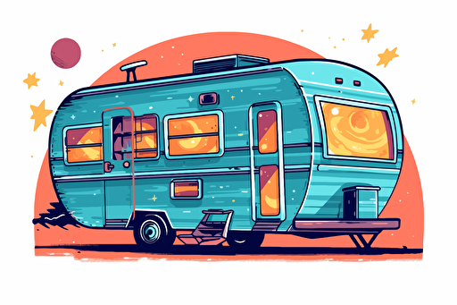 2d illustration, 1960's trailer with planets simple vector colorful sticker