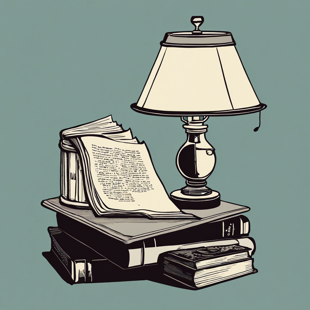 Classic novels and reading glasses beside a small, glowing table lamp, illustration in the style of Matt Blease, illustration, flat, simple, vector