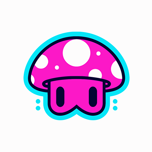 8-bit outline of pink and teal happy mushroom with translucent magenta spots, Mario Nintendo style, Vector Art, 2D, Outline
