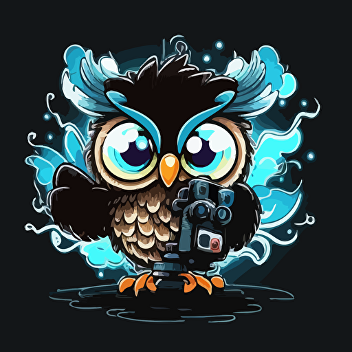 an Owl cartoon with a black magic video camera, lighting, vector image, 3 colors, wings, clouds, rain,Shockwave,logostron