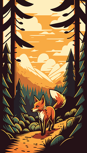 a fox kit on forest trail. Forest, mountain line, sunset. Cute, happy, vector, game design.