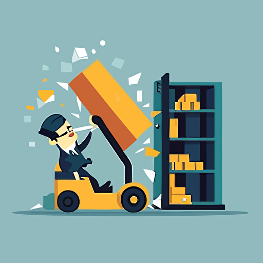 worker crashing forklift into shelving, flat vector illustration